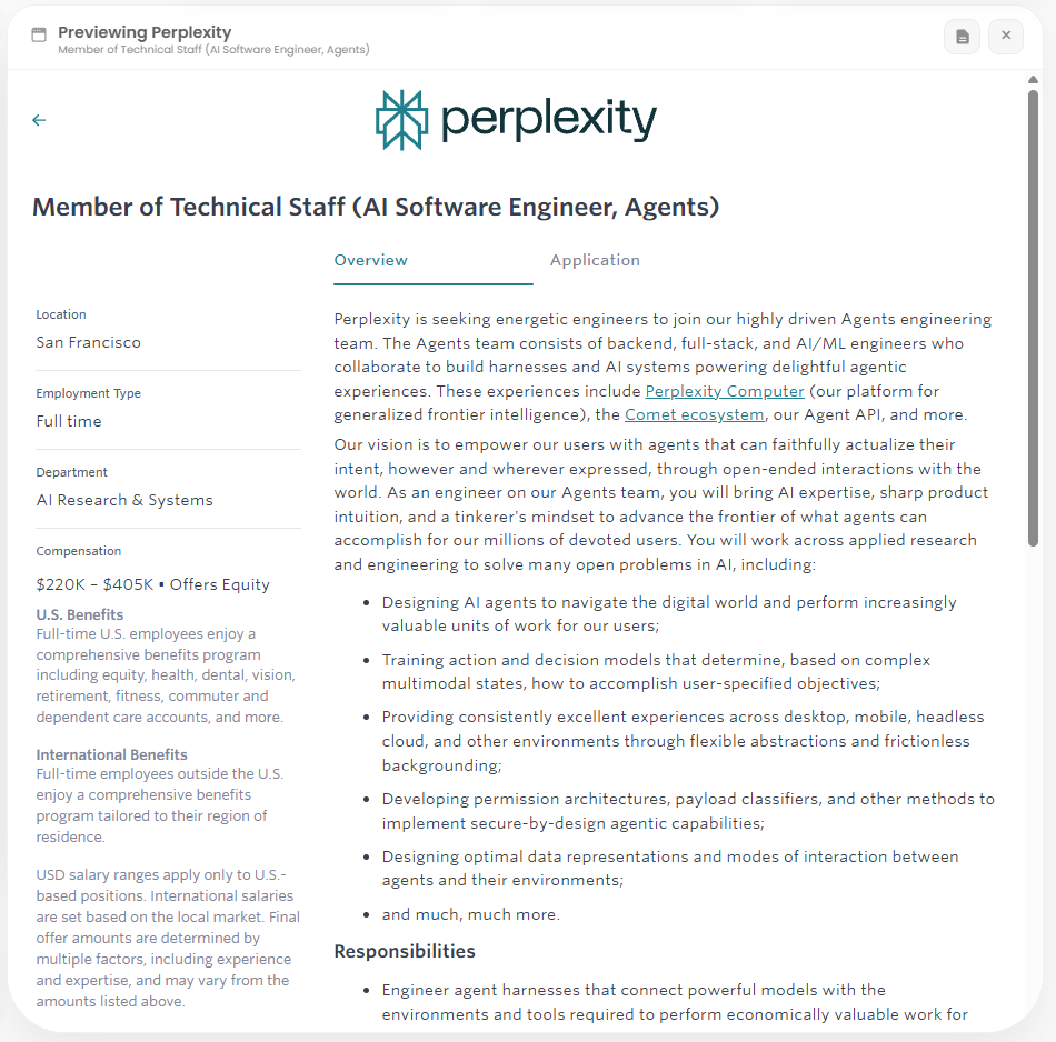 Vibe Apply agent pane previewing a Perplexity job and its application
