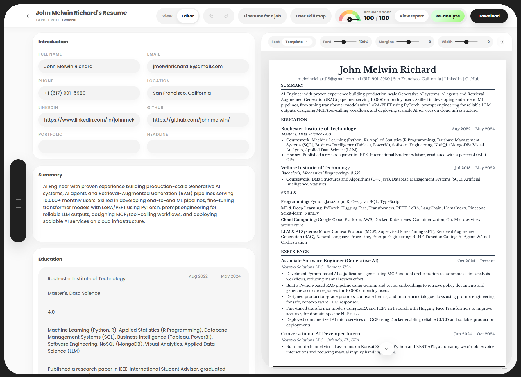 Full Vibe Apply Resume Builder editor and live resume preview