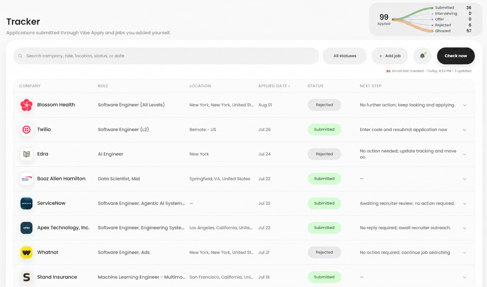 Vibe Apply Tracker dashboard showing application statuses and next steps